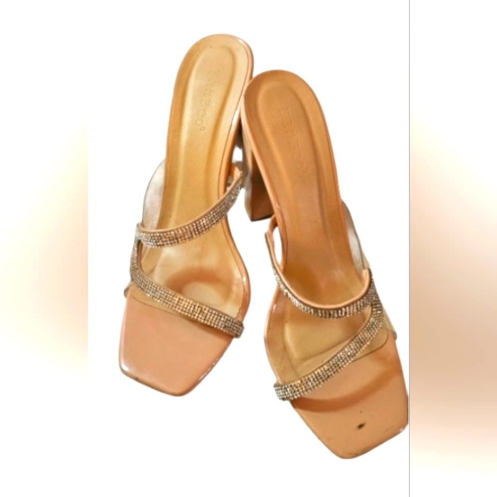 BAMBOO Tan Heels with Criss-Cross Design